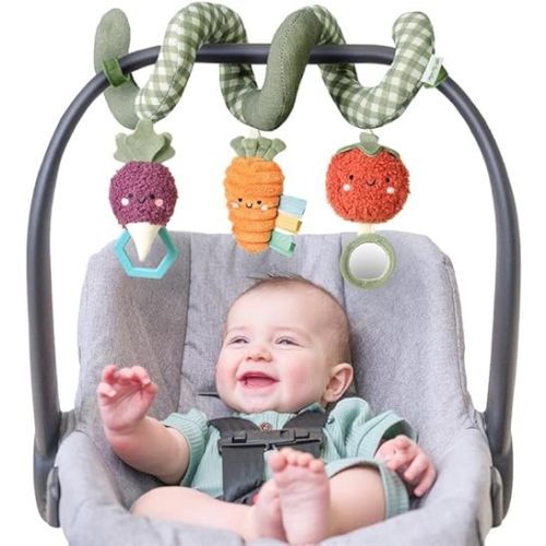 Itzy Ritzy Spiral Car Seat & Stroller Activity Toy - Stroller & Car Seat Toys for Ages 0 Months and Up - Hanging Toys Include Dangling Ring, Mirror and Textured Ribbons (Veggie)