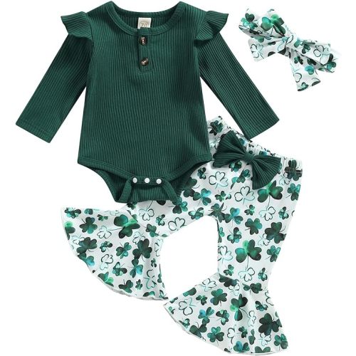 Twopumpkin My First 4th Of July Baby Girl Outfit Infant Fourth Of July Onesie Newborn Bell Bottoms Memorial Day Clothes - S Clover Print Green - 3-6 Months