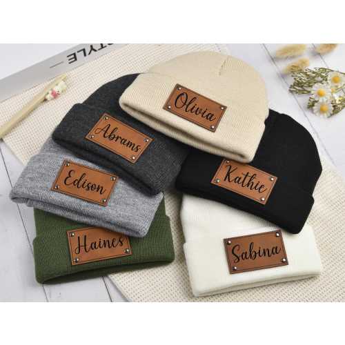 Newborn baby Beanies,Leather Patch Beanies for Baby,Personalized Beanies for Babies,Infant Beanie with Name,Kid Knitted Hat,Baby Shower Gift