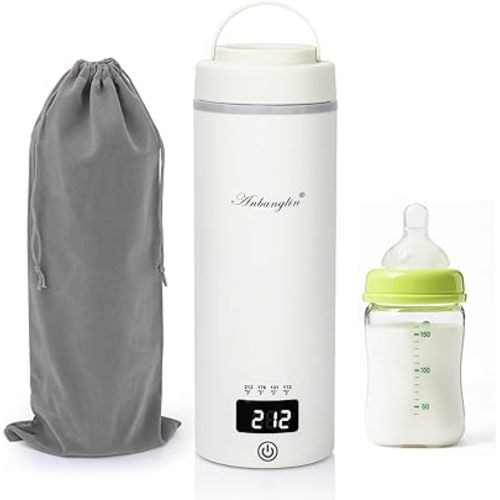 Portable Bottle Warmer for Travel,Needs to Be Plugged In to Boil(Non-Rechargeable)17 Oz Milk Warmer,4 Temperature Control & Auto Shut-Off, Fast Boil Hot Water Warmer,Perfect for Travel&Hotel Use,White