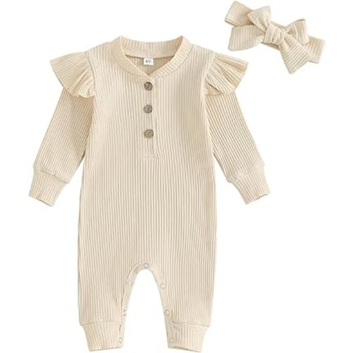 Newborn Baby Girl Solid Romper Clothes Long Sleeve Ribbed Onesie Bodysuit Infant Knitted Jumpsuit Headband Outfits