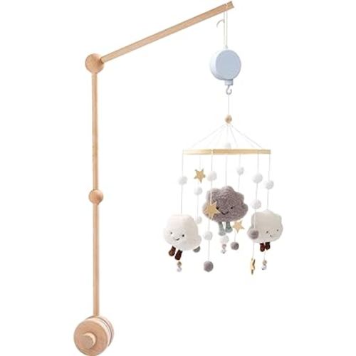 GLMFAN Baby Crib Mobile Arm, Wooden Mobile Arm for Crib with Music Box, 27 inch Baby Mobile Hanger Anti Slip Baby Crib Mobile Bed Bell Holder Adjustable Arm Bracket Crib Nursery Decor Infant Toy Gift