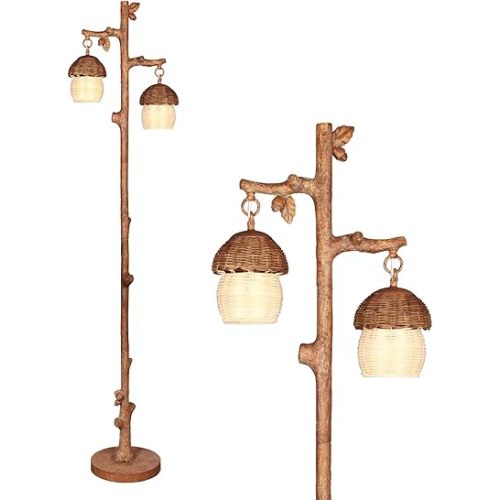 Rattan Floor Lamp with Faux Wood Finish, Boho Floor Lamps with Faux Pinecone and Leaves Decor, Brown