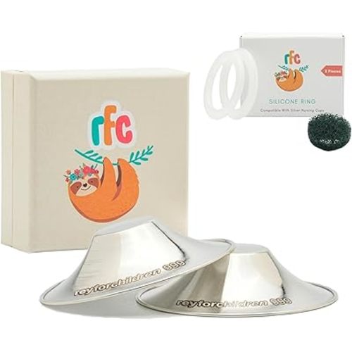 RFC Silver Nursing Cups - 999 Silver Nursing Pad - Nipple Shield Kit for Nursing Newborn - Breastfeeding Essentials - Nipple Cover Breastfeeding - with Silicone Ring & Cleaning Scotch & Case (XL)