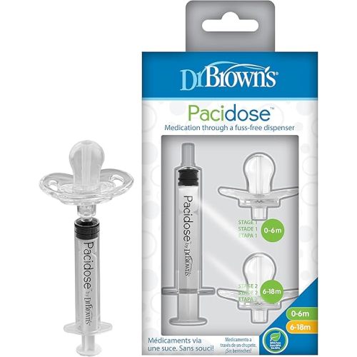 Dr. Brown's Pacidose Pacifier and Liquid Baby Medicine Dispenser with Oral Syringe and Two Sizes of Pacifier Bulbs - 0-6m and 6-18m