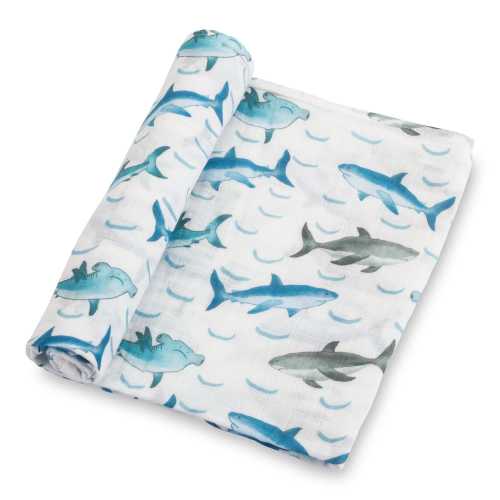 LollyBanks 100% Cotton Muslin Swaddle Baby Blanket, 47 x 47 inches (Shark)