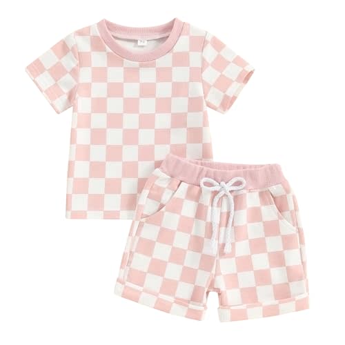 FOCUSNORM Toddler Baby Girl Outfit Newborn Girl Summer Clothes Short Sleeve T Shirt Checkerboard Top Set Elastic Waist Shorts
