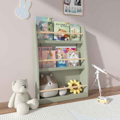 Miniyam 3-Tier Wooden Bookshelf with Toy Storage for Kid, Sage