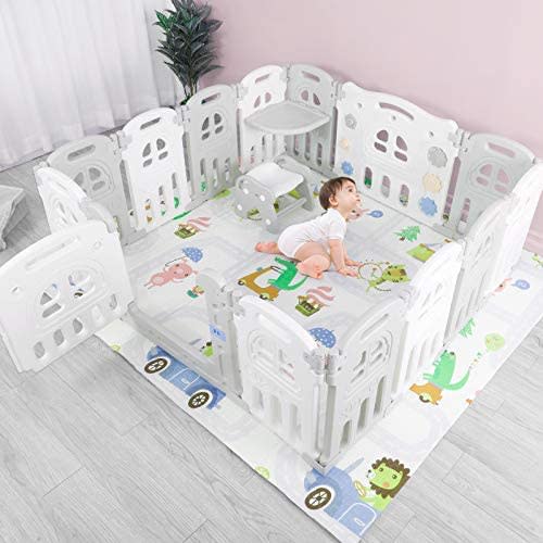 12+2 Foldable Playpen Panels, Safety Play Fence Play Yard Nursery Furniture, with Safety Locking Gate, Table Tray and Stool, Activity Wall, HDPE Material BPA Free, for Indoor Outdoor, Upgraded