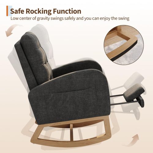 Modern High-Back Nursery Rocking Chair with Upholstery & Sturdy Wood Legs, Glider for Living Room or Bedroom