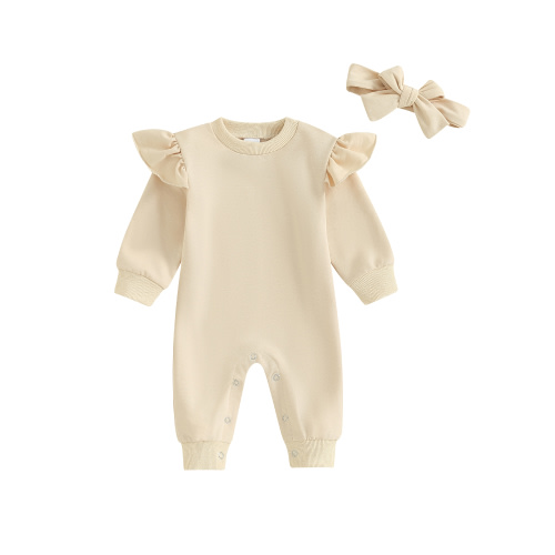 Qtinghua 2Pcs Newborn Baby Girls Fall Outfits Long Sleeve Solid Color Ruffle Jumpsuit with Headband Infant Clothes Beige 0-3 Months