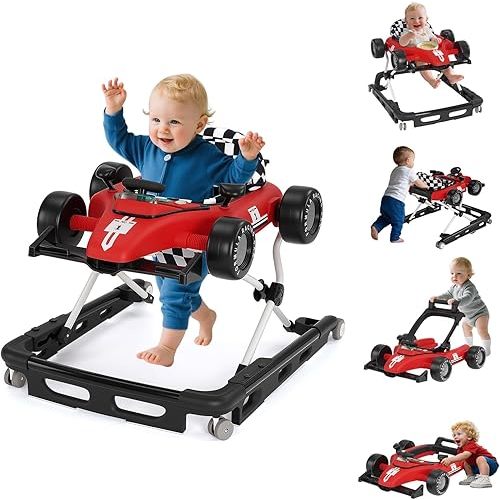 Baby Walker with Wheels, 4-in-1 Baby Walker for Boys Girls Foldable Activity Walker with Adjustable Height Toddler Infant Walker with Music and Lights Walker for Baby 6-24 Months, Red