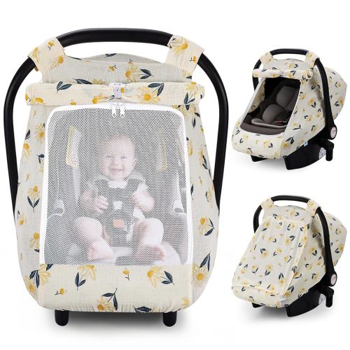 Rquite Car Seat Cover Baby, Carseat Covers Girl Boy, Breathable Muslin Cotton, Large Mesh Window, Infant Car Seat Canopy Baby Carrier Cover Stroller Sun Shade for Summer & Hot Day