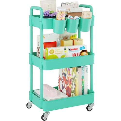 UDEAR 3-Tier Rolling Utility Cart,Multifunctional Storage Shelves with Handle and Lockable Wheels for Room,Office,Kitchen,Bathroom,with 3 Hanging Cups,Green