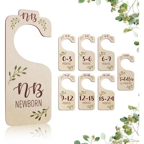 Baby Closet Dividers for Clothes Organizer - 8 PCS Adorable Wooden Double-Sided Baby Clothes Size Hanger Organizer from Newborn to Toddler for Nursery Decor