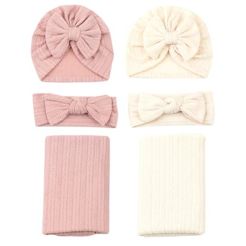 QandSweet Newborn Receiving Blanket Headband Hat Set Baby Swaddle swaddling Blanket (Pink Beige)