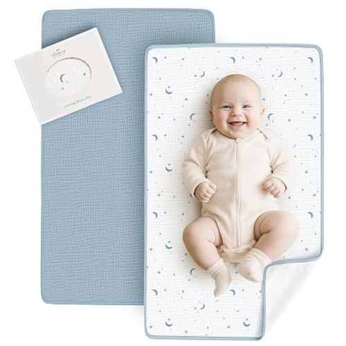 Konssy 2 Pack Waterproof Muslin Portable Changing Pad, Diaper Changing Mat | Soft & Foldable, Cotton Surface with Terry Backing & Waterproof Lining, for Baby Girls & Boys, 30"x17" (Blue,Dreamfield Sky)