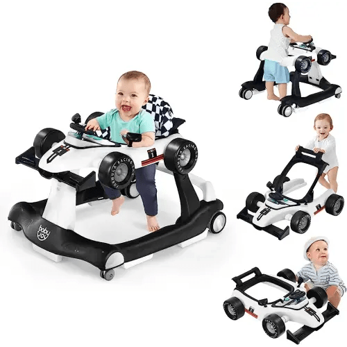 BABY JOY 4-in-1 Baby Walker, Foldable Activity Walker with Adjustable Height & Speed, Music, Lights, Anti-Rollover, Toddler Push Walker, Baby Walker with Wheels for Boys Girls 6-18 Months (White)
