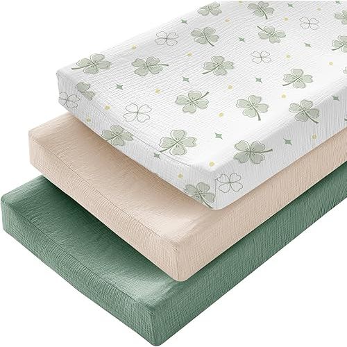 3 Pack Muslin Changing Pad Cover for Baby Boys Girls - Ultra Soft Changing Table Cover Diaper Changing Pad Sheets, 100% Cotton(Clover, Beige, Green)