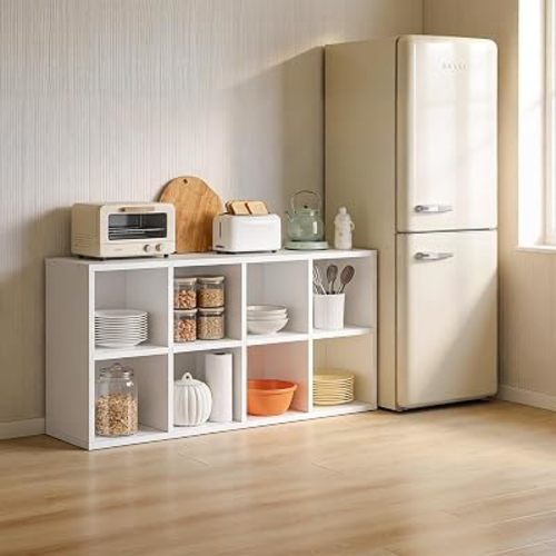 LUCKLIFE 8-Cube Storage Organizer, Stackable Modular Bookcase Shelf with Vertical or Horizontal Use, Fits 11×11" Bins, Optional Back Panels, for Living Room, Office, Off White