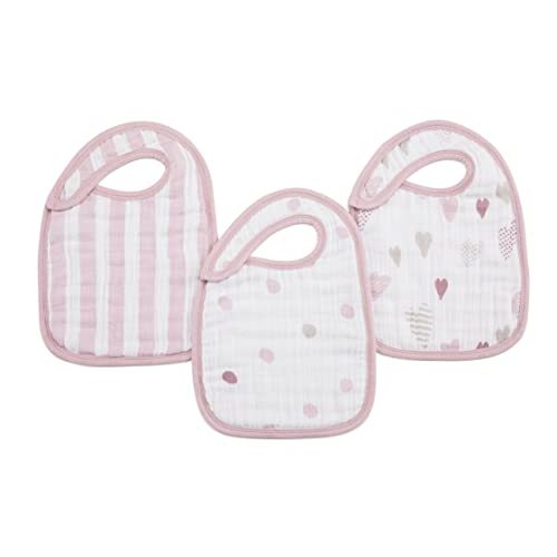 aden + anais 100% Cotton Muslin Snap Bib – Super Absorbent, Soft 3-Layer Baby Bib for Boys & Girls with Adjustable Snap-Closure for Teething, Eating, Drooling, 3-Pack, Heart Breaker