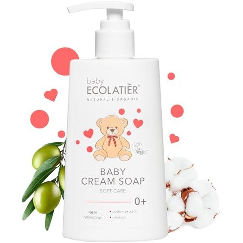ECOLATIÈR Baby Cream Soap - 98% Natural, Vegan, Hypoallergenic Body Wash & Gentle Baby Soap for Sensitive Skin, Newborn & Toddler Care, Soft & Nourishing, 8.5 Fl Oz