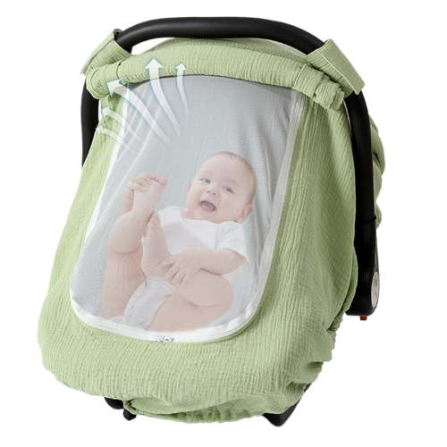 Baby Car Seat Cover 360° Protection, Mint Green Cotton Gauze Cover with Dual-Layer Breathable Mesh Window, Lightweight for Infant Car Seats(1Pcs, B)