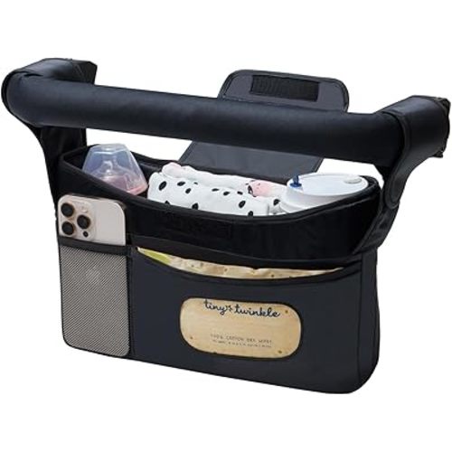 Tiny Twinkle Universal Stroller Organizer with Adjustable Strap - Waterproof Stroller Caddy Fits Baby Jogger, Nuna, Graco, Donna and Bugaboo Strollers（Black）