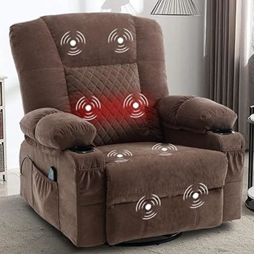KCREAM Swivel Recliner Chair with Massage & Heat, 360° Rocker Recliners for Adults, Overstuffed Brown Recliner Chair with Cup Holders,Recliner Sofa for Living Room