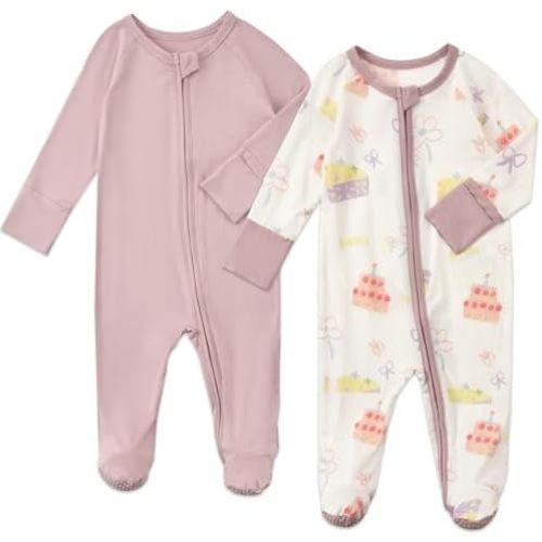 Baby Footed Pajamas with Mittens Rayon from Bamboo 2pcs Newborn Infant 2-way Zipper Pjs Cute Sleeper Outfit