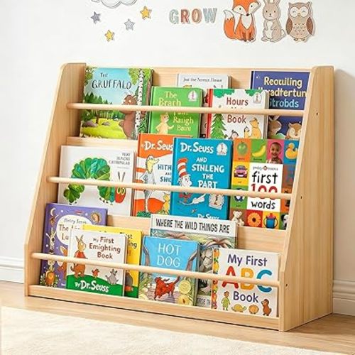 Kids Bookshelf, Wooden Montessori Bookshelf for Toddlers with Front-Facing Display, Baby Book Display Shelves for Small Spaces, Childrens Book Organizer for Playroom, Nursery & Classroom, 3-Tier