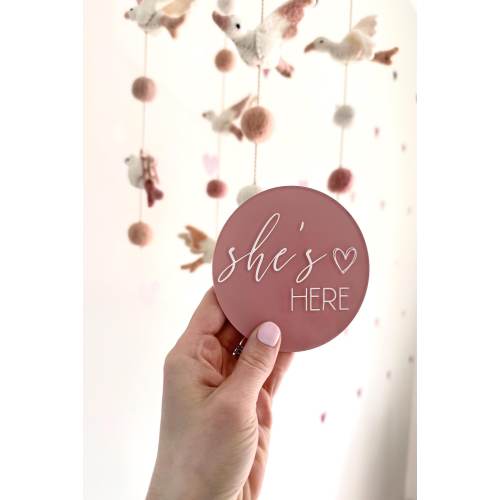 Shes Here Birth Announcement Acrylic Baby Stats Sign Gender Reveal Announcement Plaque Pink Baby Girl Sign Photo Prop Newborn Hospital Photo
