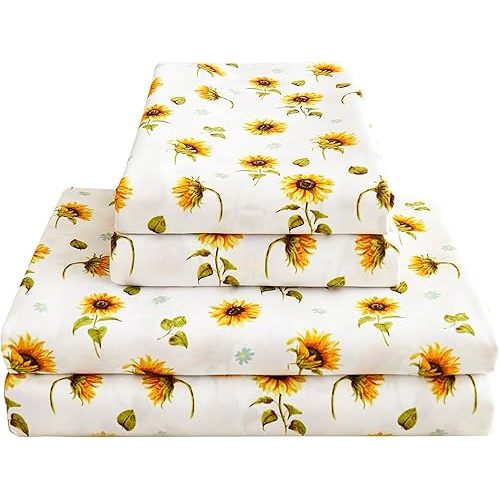 Floral Sheet Set Queen, Sunflower Printed Bed Sheets Queen, Brushed Microfiber Fitted Sheet with 15" Deep Pocket,Yellow Flower Sheet & Pillowcase Sets