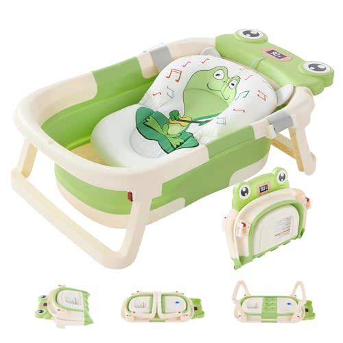 Foldable Baby Bathtub with Cushion & Water Thermometer and Drain Hole, Portable Durable Foldable Baby Bath Tub for Newborn Infants 0-36 Months (Green)
