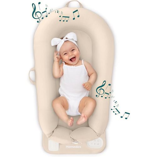 MyBaby 3-in-1 Calming Baby Cushion, Soothing Comfort for Newborns & Infants, Snuggling Sensation, Sound and Vibration, Designed for Safety, Rechargeable & Machine-Washable, by Homedics, Tan