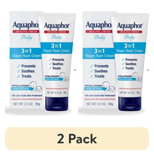 (2 pack) Aquaphor Baby Diaper Rash Cream, 3-in-1 Diaper Rash Relief, 3.5 Oz Tube