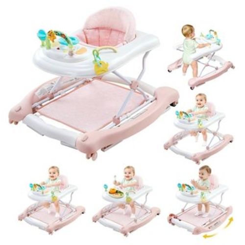 5-in-1 Baby Walker Folding Activity Center on Wheels Height Adjustable Rocker Bouncer with Anti-Rollover Safety for Infants 6 to 24 Months