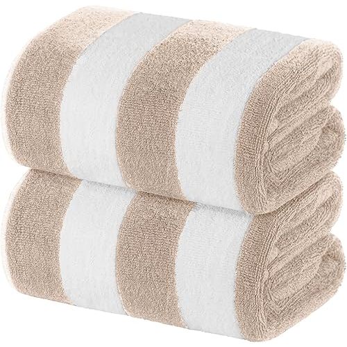 White Classic Beach Towels Oversized Cabana Stripe Cotton Bath Towel Large - Luxury Plush Thick Hotel Swim Pool Towels for Adults Super Absorbent Quick Dry - 35x70 Beige [2 Pack]