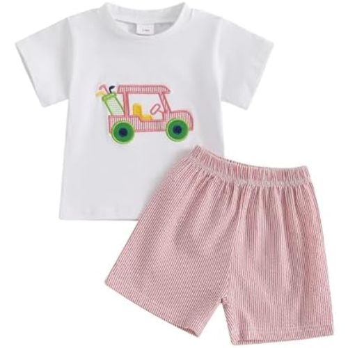 Toddler Boy Girl Golf Shorts Sets Summer Embroidery Golf Short Sleeve Shirts and Plaid Shorts Sets 2Pcs Golf Outfits
