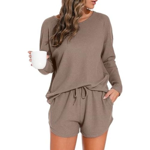PrinStory Womens Waffle Knit Pajama Sets Long Sleeve Top and Shorts Matching 2 Piece Lounge Set Loungewear with Pockets