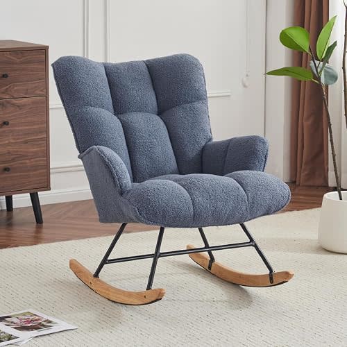 Rocking Chair Nursery Teddy Upholstered Glider Rocker Rocking Accent Chair Padded Seat with High Backrest Armchair Comfy Side Chair for Living Room Bedroom Offices (Darkblue Teddy)