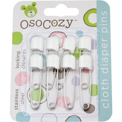 OsoCozy Diaper Pins - {White} - Sturdy, Stainless Steel Diaper Pins with Safe Locking Closures - Use for Special Events, Crafts or Colorful Laundry Pins , 8 Count (Pack of 1)