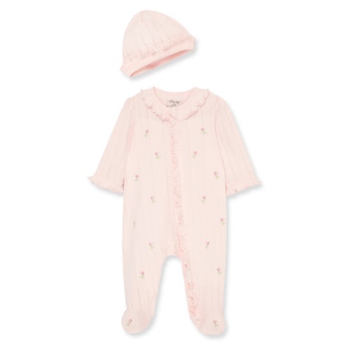 Little Me Rosebud Schiffli Embroidery Cotton Footie & Hat Set
