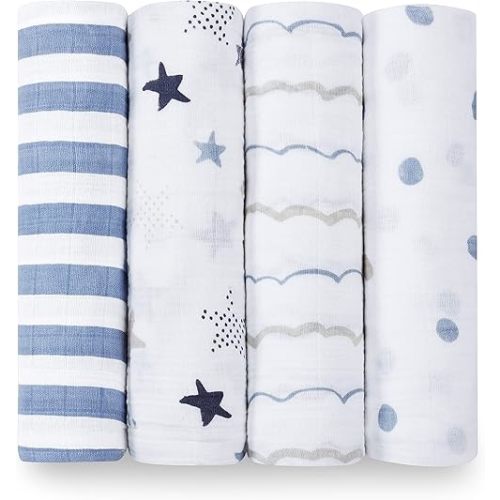 aden + anais Boutique Muslin Swaddle Blanket for Baby Girls and Boys, Newborn Receiving Blanket for Swaddling, 100% Muslin Cotton Swaddle Wrap, 4 Pack, Rock Star