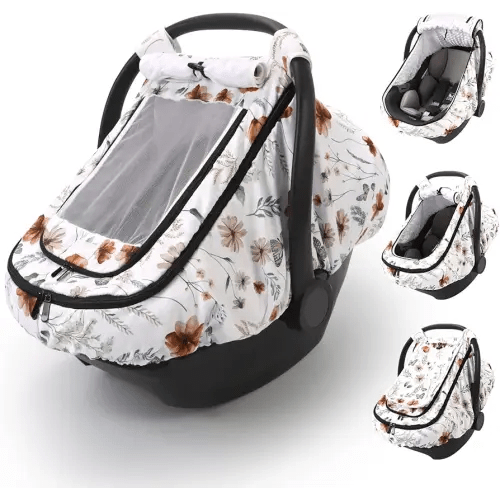 Car Seat Cover Baby Girls, Infant Car Seat Canopy Outdoor, 2 Layers with Mesh and Sun Shade Window for Summer Winter, Easy Access Carseat Covers Snug Fit Baby Stroller - Brown Wildflower