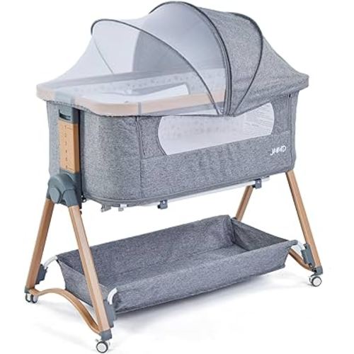 JMMD Baby Bassinets, 3 in 1 Bedside Sleeper, Baby Bedside Crib Sleeper with Adjustable Height, Removable Mosquito Net and Storage Basket, Easy Folding Portable Crib for Newborn (Wood Grain Grey)