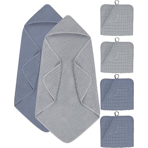 6Pcs Baby Muslin Hooded Bath Towels and Washcloths,32"x 32" Muslin Cotton Hooded Baby Towels for Newborn Shower