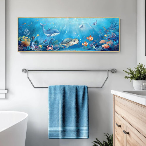 Sunside Sails Large Framed Nursery Canvas Wall Art, Ocean Themed Nautical Prints Coastal Paintings Decor For Walls, Turtle Whale Coral Tropical Fish Pictures For Kids Boys Baby Girls Room Bathroom Wall Decor | Wayfair