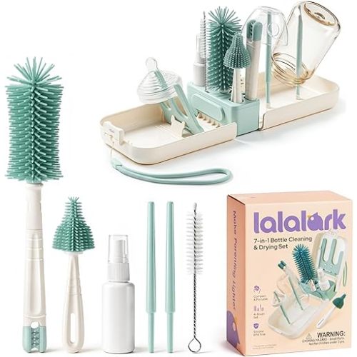 lalalark Baby Bottle Brush Set, 7-1 Travel Bottle Cleaner Kit with Dual-Headed Silicone Bottle Brush, Nipple Brush, Soap Dispenser, Drying Rack, Bottle Cleaning Kit with Storage for Home Travel, Mint