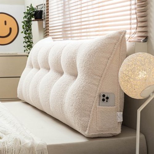 Lovote Triangular Headboard Pillow with Side Pockets - Teddy Velvet Fabric, Bed Rest Reading Pillow, Removable & Washable Cover, Daybed Wedge Pillow for King Beds, Off-White